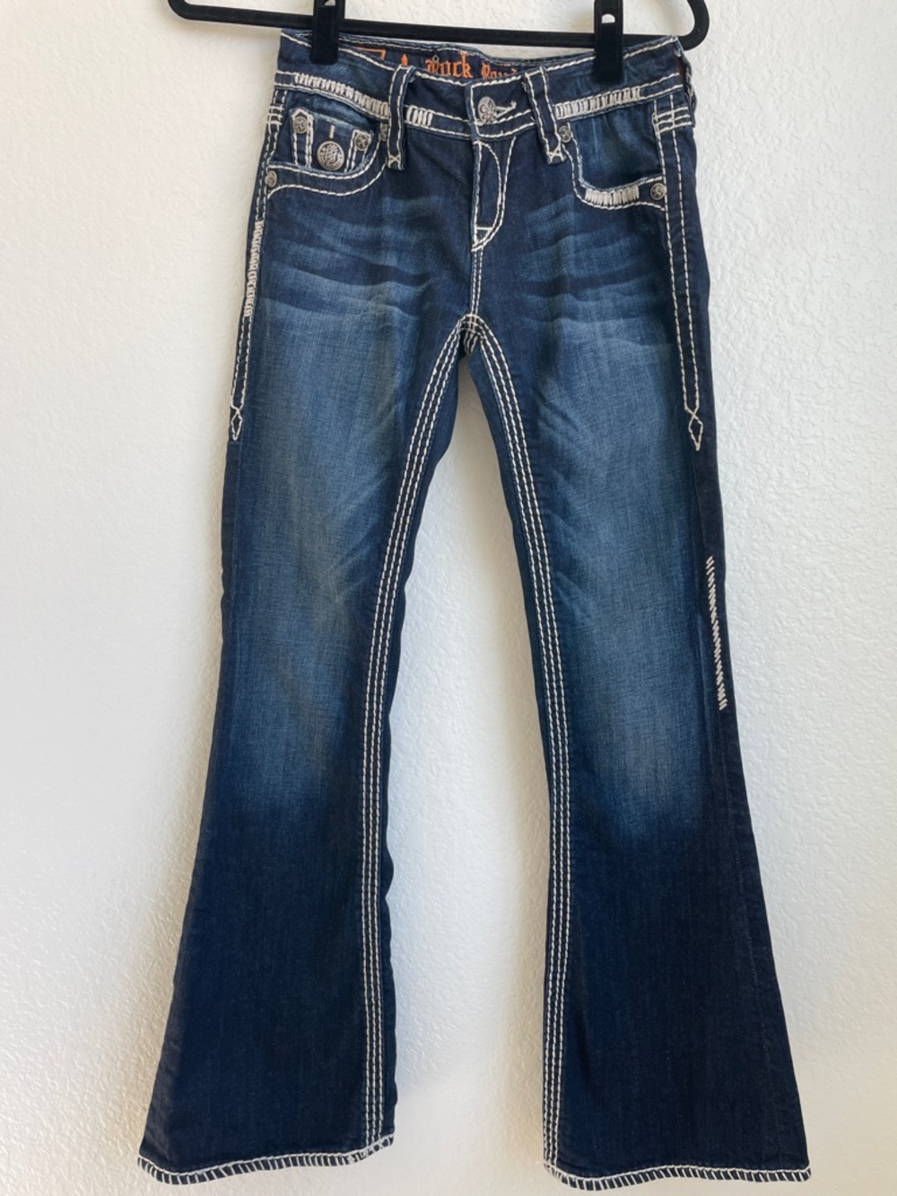 BUCKLE Rock Revival Dark Indigo Flare Jeans  White Contrast Stitching • Size 26